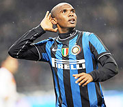 Inter Milanu2019s Cameroonian forward Samuel Etou2019o celebrates after scoring against AS Roma. The Cameroonian is favorite for the 2009 Glo-Africa Player of the Year Award.