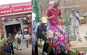 L-R :A boy and his mother walk out of Kenri 2000 Supermarket with a Chrismas tree;Street vendors display Christmas decor on Karisimbi Street in Kigali.(Photos/ J.Mbanda) 