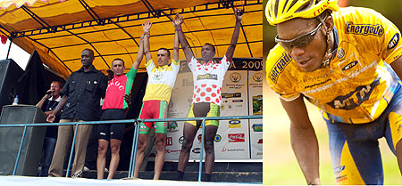 L-R : Adil Jelloul (C), Saadoune Abdelaati (L) and Adrien Niyonshuti (R) pose for a photo with Sports and Culture minister Joseph Habineza at the end of the 2009 Tour of Rwanda.;Adrien Niyonshuti powers a competition in South Africa.