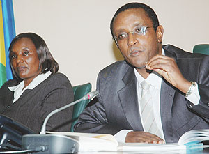 Senate President Vincent Biruta (R) and the Speaker of the lower chamber, Rose Mukantabana at yesterdayu2019s Press Conference. (Photo/ J. Mbanda)