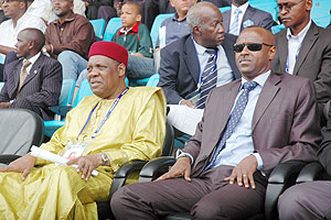 CAF president Issa Hayatou (L) hailed Rwanda for hosting a memorable championship. On the right is Ferwafa boss Brig. Gen Jean Kazura, who is seeking a second term of office. (File photo)