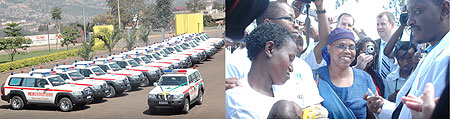 L-R : A fleet of State of the art ambulances that were recently imported.;Health Minister readies himself to administer an immunisation to an infant during one of the campaigns this year (File Photo)