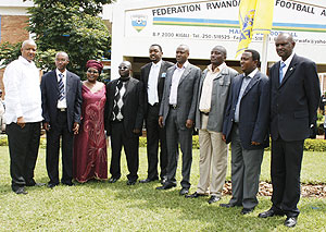 New ferwafa adminstrators. (L-R) R.Gahonzire,C.Gasana,F.Rwemalika,B.Itangishaka,R.Gisanaura,J.B.Kazura,B.Nsabimana,E.Ndagijimana and S.Balinda. (Photo/.E.Niyonshuti)