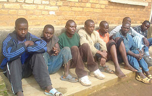 A group of suspects held at Nyamabuye station for questioning over the death of Maria Mukeshimana. (Photo/ D.Sabiiti)