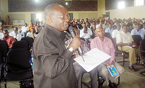 Legislator Franu00e7ois Byabarumwanzi addressing stakeholders at the meeting. (Photo: D. Sabiiti)