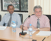 AUTHORITY: Prof Gerry Caplan (L) addressing the media yesterday. Right is CNLGu2019s Deogene Bideri. (Photo/ F.Goodman)