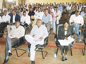 Ngoma Mayor Francois Ntiyotwagira (Middle Front) and other  leaders at the last district general meeting. (Photo: S. Rwembeho)