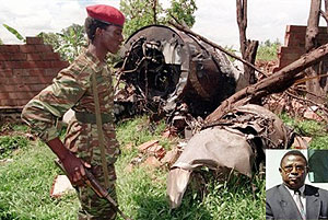 Parts of President Habyarimanau2019s plane. Inset, a probe into the crash points out Col. Theoneste Bagosora as the principle culprit.