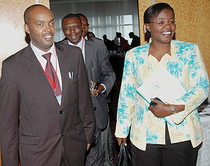 Minister of Gender and family promotion, Jeanne du2019Arc Mujawamariya and Hagurukau2019s  Felix Muramutsa after the meeting at Hotel des Mille Collines. (Photo/ J. Mbanda)