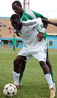 Abbas Rassou shields the ball from a Kiyovu player. The striker netted APRu2019s first goal  yesterday. (File Photo)