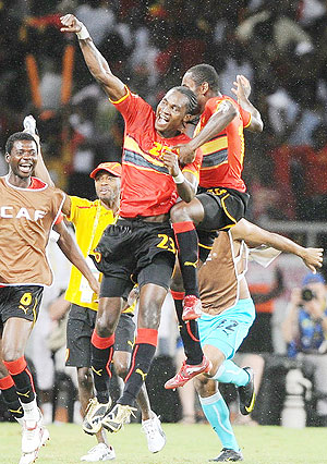 Angolau2019s Manucho celebrates his goal against Malawi