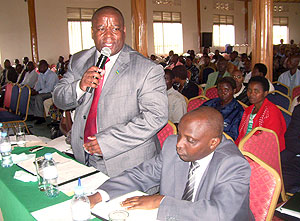 Governor Aime Bosenibamwe making a point during the launching of Gicumbi Global Investment Company at a hotel in Gicumbi, on Saturday. (Photo / A.Gahene)