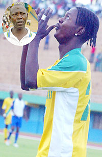 Atracou2019s forward Andre Lomami trying to find answers from the sky. Inset is Atracou2019s head coach Sam Timbe