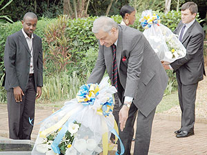 Commonwealth Secretary General, Kamalesh Sharma, laying a wreath  at Kigali Genocide Memorial Centre yesterday.(Photo J Mbanda)