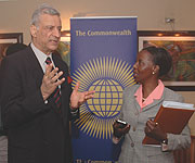 Commonwealth SG, Kamalesh Sharma with Foreign Affairs Minister, Louise Mushikiwabo before meeting the press yesterday at Serena Hotel. (Photo/F. Goodman)