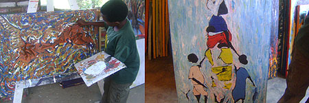 L-R : MEN AT WORK Akimana puts final touches. A piece may take as long as three or days ;Art with a purpose: A lady with her children, promoting education for all (Photo F.Ndoli)