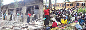 L-R : Karama residents after participating in classroom construction at Gikagati Primary School ;MP Connie Bwiza  speaking to Karama residents on Saturday. (Photo / D. Ngabonziza)
