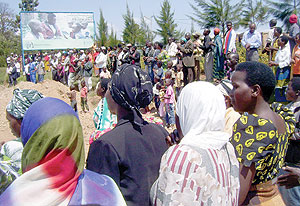 Gacurabwenge village residents singing heroic songs during events to mark Heroes Day on Monday. Photo/ A.Gahene