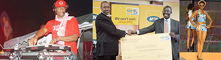 L-R : Tigo sponsored popular East African DJ Stylez who played at the Happy People Party for over 1,000 Rwandans ;Kazura of Ferwafa receives a cheque from MTN to cover some of the footballing costs ; Rwandatel made the long awaited Miss Rwanda a reality.