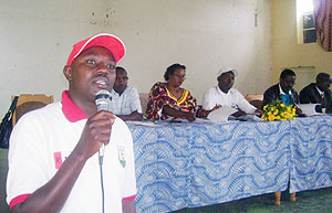 Nyamabuye sector leader, Jean Baptiste Mugunga calls on RPF members to educate residents on government programs. (Photo: D. Sabiiti)