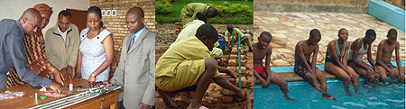 L-R : Officials try-out a knitting machine donated by President Paul Kagame ;Students during a construction lesson at the centre ;Children enjoying an afternoon swim at the pool. (Photo: P. Ntambara)