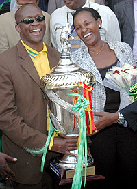 Sports minister Joseph Habineza and former minister of infrastructure Linda Bihire with the 2009 Kagame Cup. Atraco won the title after their 1-0 victory over El Merreikh.