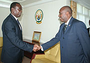 Prime Minister, Bernard Makuza receiving Burundian Ambassador Remy Sinkazi yesterday at his office. (Photo/ Prime Ministeru2019s office)