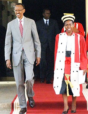 President Paul Kagame and the Chief Justice, Aloysia Cyanzaire, leaving Parliament yesterday after ushering in the new judicial year. (Photo Urugwiro Village)