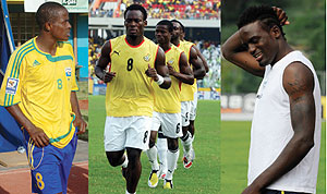 L-R : Rwandau2019s Haruna Niyonzima ;Michael Essien lead his Ghanaian teammates in warm-up before an international game ; Kenyau2019s McDonald Mariga