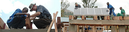 L-R : Walt Ratterman and Jerome Uwinanaje working on solar installation in Kirehe, 2006 ; Walt (left) and the local team install solar panels for SELF at a PIH clinic. Rwanda, 2006.