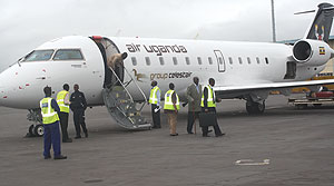 Air Ugandau2019s CRJ200 moments after landing at Kigali International Airport.The airline made its maiden flight yesterday morning. (Photo/ J.Mbaraga)