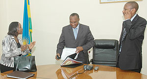 From left, Ministers Solina Nyirahabimana, Musoni Protais and John Rwangombwa after the press conference yesterday. (Photo F. Goodman)