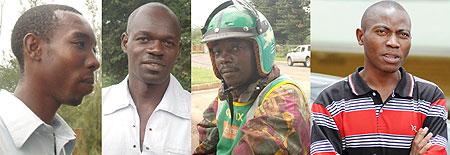 L-R : Innocent Habineza, an IT student at KIST ; Jean Baptiste Barayunva, a constructor ; Jean Du2019Amour Ntiyonteze, a motorcyclist ;Elise Nzeyimana, a casual laborer.