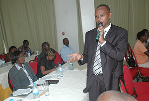Moses Kazoora in charge of Customer relations in SSFR giving his presentation to Journalists on Thursday (Photo J Mbanda)