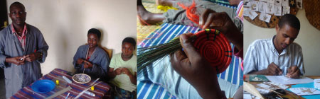 L-R : Homeless youth find a safe haven at Centre Marembo which, has become a home away from home ; Women are trained to support themselves through the basket weaving ; The card-making workshop is one of the skills learnt at the centre.