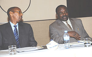 Finance Minister, John Rwangombwa, and BNRu2019s Franu00e7ois Kanimba during the launch of the monetary policy review and financial stability statement at Kigali Serena Hotel. (Photo/ J. Mbanda)