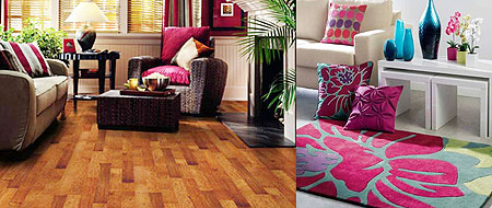 L-R : Different shades of wooden slabs add variety to the floor, and will prevent you from having one flat tone throughout the floor ;A simple floor will correspond well with a patterned rug