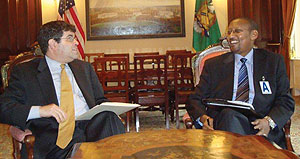 CONVENED MESSAGE: The Minister of Finance, John Rwangombwa (R) during his meeting with the US Deputy Treasury Secretary Mr. Neal S.Wolin in Washington DC.  (Courtesy Photo)