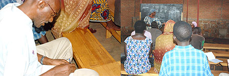 L-R : Thadeo Nzirabatinyi in writing lessons in the church hall ; Mukamana teaching her student how to read