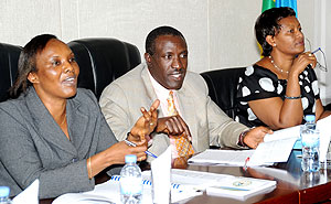 Speaker Rose Mukantabana, Deputy Speaker J Damascene Ntawukuliryayo and Permanent Secretary Immaculee Mukarurangwa during the Constitutional amendment on Wednesday. (Photo J Mbanda)