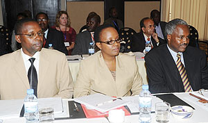 Dr. Charles Murigande -R, Permanent Secretary Sharon Haba and State Minister Mathias Harebamungu attending the education conference. (Photo/ J. Mbanda)