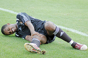 Albert Ngabo lies down after being injured in  a league game against Kiyovu. (File Photo)