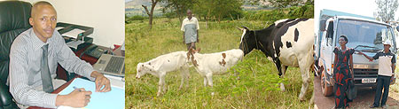 L-R : Robert Asiimwe, the Acting Managing Director Umwalimu SACCO ; Wilson Mugabo, a teacher in Nyagatare district, looking after his cattle, a project he managed to impliment having been empowered by Umwalimu SACCO ;These teachers are based in Ngoma dist