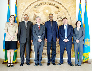 President Paul Kagame with the visiting Nike-DfID delegation. From Left-Right, Ms. Maria Eitel (president of Nike Foundation), Hon. Rwangombwa John, Mr.Mark Lowcock (DG of Country Program-DFID-UK), Nicholas Cannon (UK High Commissioner), Ms. Elisabeth Car