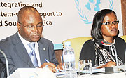 UN Country representative Aurelien Agbenonci (L) and Minister for East African Affairs Monique Mukaruliza at the High level meeting on Regional Integration. (Photo J. Mbanda)