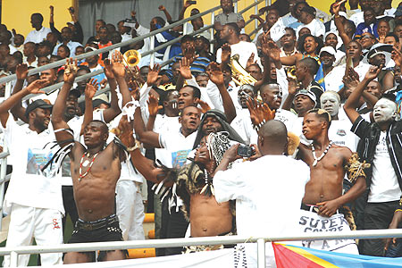 Visiting TP Mazembe fans in full voice yesterday. Unlike the home fans, the Congolese supporters sung, drummed and danced throughout the game. ( Photo/ N. Etienne)