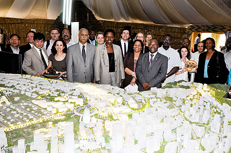 City Mayor Aisa Kirabo and the visiting UN  diplomats inspecting the Kigali City Master Plan at the Rwanda Village yesterday (Courtsey Photo)