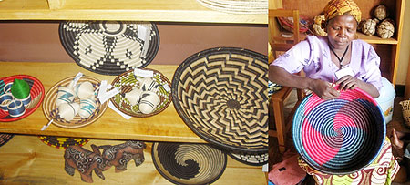 L-R : Agaseke baskets made by RFTAA members ; RFTAA member at work.