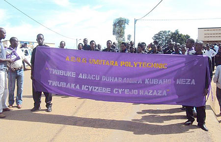 Genocide survivors and other students from Umutara Polytechnic leading other residents in a match to commemorate the sixteenth anniversary of the genocide. 