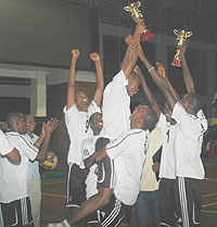 APR players jubilate after winning a sensational third  consecutive league trophy last year. Karera has been an integral member of the team since 2007. (File Photo)